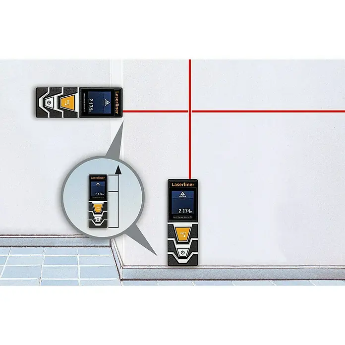 Laserliner Laserentfernungsmesser LaserRange Master T2 - Messbereich: 0,2 - 20 m - Das Bild zeigt einen Laserliner Laser-Entfernungsmesser Master E3 in Aktion, der Abstände präzise misst und auf einer Wand projiziert.