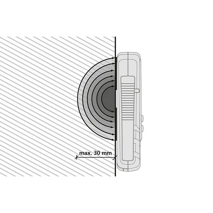 Laserliner Feuchtigkeitsmessgerät MoistureFinder Compact - Geeignet für: Zementestrich - Darstellung eines Messgeräts, das an einer Wand befestigt ist, mit einer maximalen Reichweite von 30 mm.