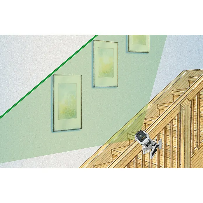 Laserliner Kreuzlinienlaser SmartVision Set - Max. Arbeitsbereich: 20 m - Eine Illustration zeigt einen Laserliner Kreuzlinienlaser an einem Treppengeländer, der grüne Linien an die Wand projiziert.