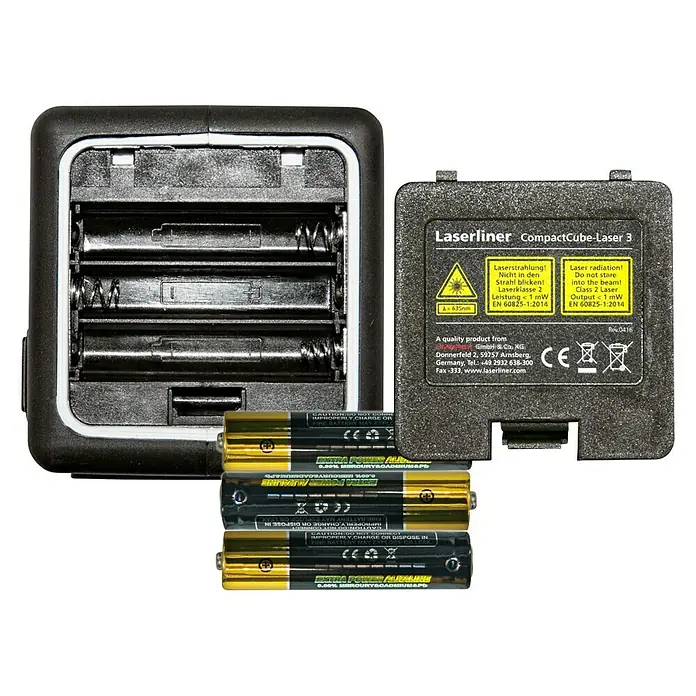 Laserliner Kreuzlinienlaser CompactCube 3 - Max. Arbeitsbereich: 15 m - Kompakt Cube Laser 3 mit offenem Batteriefach und vier Batterien.