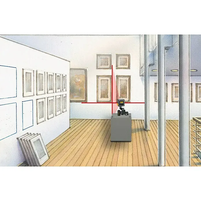 Laserliner Kreuzlinienlaser CompactCube 3 - Max. Arbeitsbereich: 15 m - Laser-Wasserwaage projiziert präzise horizontale und vertikale Linien in einer Kunstgalerie, ideal zum Ausrichten von Rahmen.