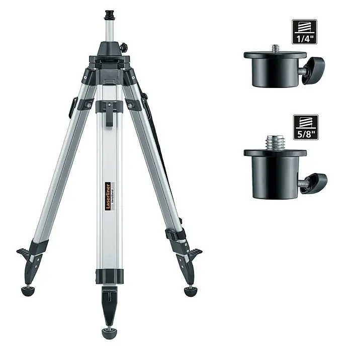 Laserliner Stativ VarioStand - Arbeitshöhe: 93 cm - 180 cm, Stativ-Gewinde: ¼″ - Bild eines Laserliner Variostand Stativs mit Adaptern. Für präzise Nivellierung mit 1/4" und 5/8" Gewinde, ideal für Bau- und Messarbeiten.