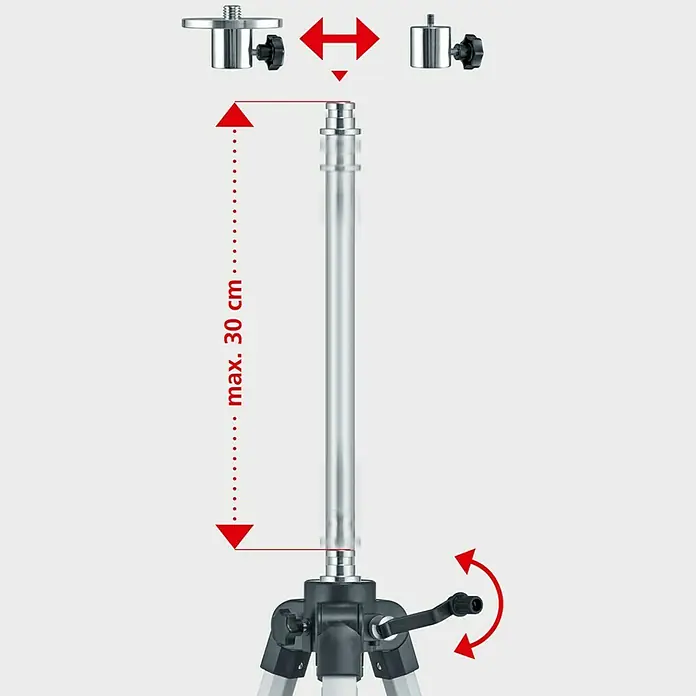 Laserliner Stativ VarioStand - Arbeitshöhe: 93 cm - 180 cm, Stativ-Gewinde: ¼″ - Produktbild eines Stativs, das die maximale Auszugslänge von 30 cm zeigt. Die Stativbeine sind teilweise sichtbar, ebenso wie Montageelemente.