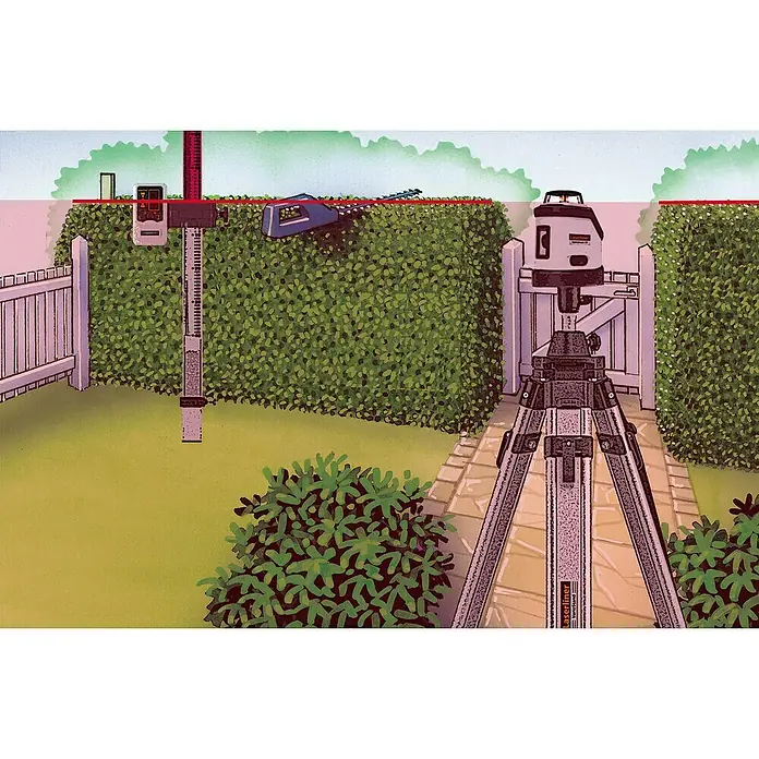 Laserliner Stativ VarioStand - Arbeitshöhe: 93 cm - 180 cm, Stativ-Gewinde: ¼″ - Illustration eines Laserliners auf einem Stativ, der einen Garten nivelliert, um eine präzise Gartenarbeit zu gewährleisten.