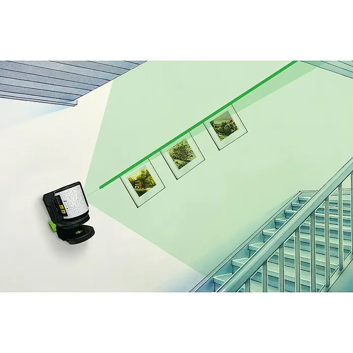 Laserliner Kreuzlinienlaser EasyCross Green - Max. Arbeitsbereich: 10 m - Darstellung eines Linienlasers zum Ausrichten von Bildern an einer Wand, der einen präzisen, grünen Laserstrahl projiziert.