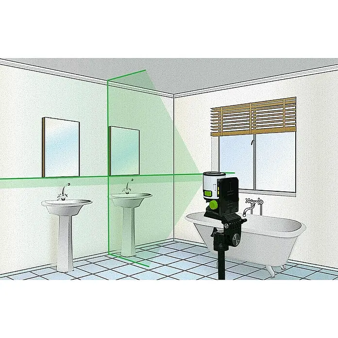 Laserliner Kreuzlinienlaser EasyCross Green - Max. Arbeitsbereich: 10 m - Das Bild zeigt einen Nivellierlaser auf einem Stativ in einem Badezimmer. Der Laser projiziert grüne Linien an die Wände, um bei der Ausrichtung zu helfen.