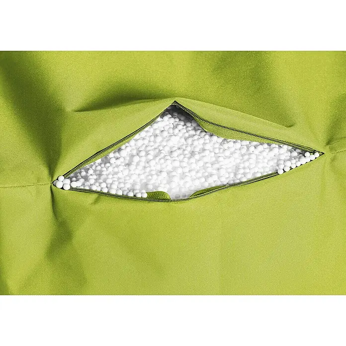 Sitzsack Bigbag Brava - 170 x 130 cm, Grün, 100 % Polyester/100 % Polyvinylchlorid - Nahaufnahme eines hellgrünen Sitzsacks mit offenem Reißverschluss, der weiße Styroporkügelchen zeigt.