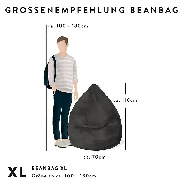 Sitting Point Sitzsack VIP Beanbag - XL, BVB Emma, 100 % Polyester - Größenempfehlung für den Beanbag XL: ca. 110cm hoch, ca. 70cm breit. Passend für Personen mit einer Körpergröße von ca. 100-180cm.