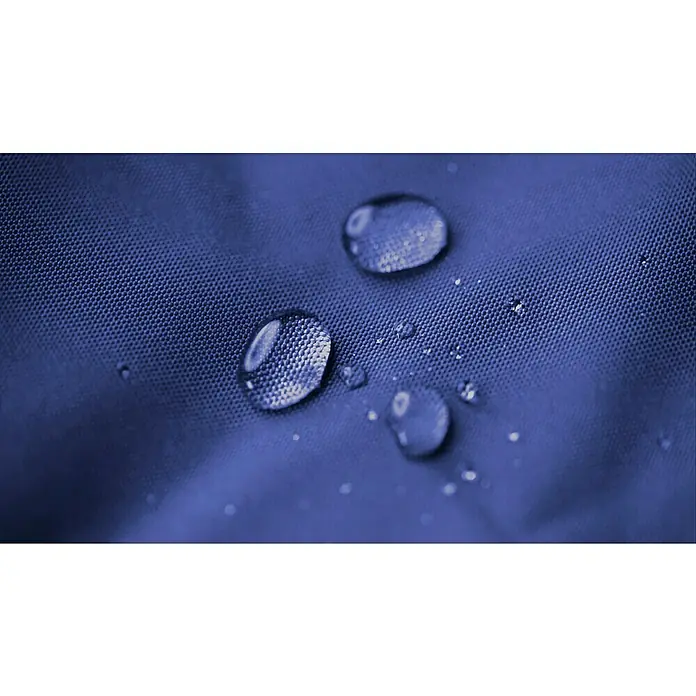 Sitzsack Swing Scuba Set inkl. Dotcom - 95 x 90 cm, Blau, 100 % Polyester/100 % Polyvinylchlorid - Nahaufnahme von Wassertropfen auf wasserabweisendem, marineblauem Stoff. Die feine Textur des Stoffes ist unter den klaren Tropfen sichtbar.