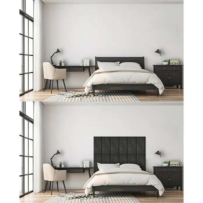 Fllow Wandpolster Preston - Schiefer, 60 x 30 cm - Bild zeigt ein modernes Schlafzimmer mit einem stilvollen Bett und einem schwarzen, gepolsterten Kopfteil.