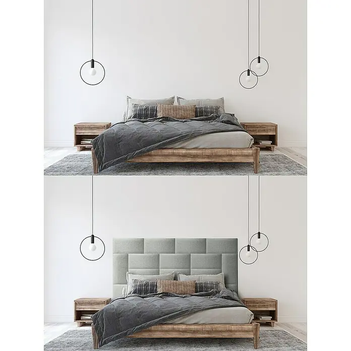 Fllow Wandpolster Inari - Grau, L x B: 60 x 30 cm - Schlafzimmer mit einem Holzbett, grauer Bettwäsche und Nachttischen. Hängelampen mit runden Schirmen sorgen für eine moderne Note.