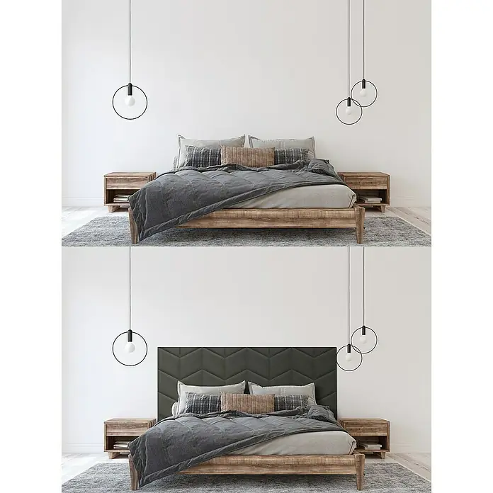 Fllow Wandpolster Velvet - Anthrazit, 45 x 30 cm, Ausführungseigenschaft: Rechts - Elegantes Schlafzimmer mit einem Holzbett, Nachttischen und Pendelleuchten. Das Bett ist mit Kissen und einer grauen Decke dekoriert.