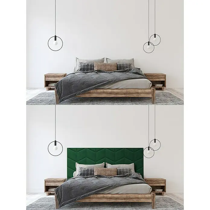 Fllow Wandpolster Velvet - Grün, 45 x 30 cm, Ausführungseigenschaft: Links - Schlafzimmer-Arrangement mit Holzbett, passenden Nachttischen und einer dekorativen grünen Kopfteiloption für ein stilvolles Ambiente.