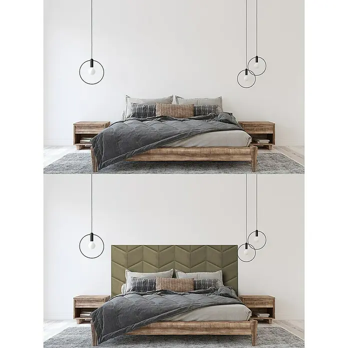 Fllow Wandpolster Velvet - Taupe, 45 x 30 cm, Ausführungseigenschaft: Links - Bett mit Holzrahmen, grauer Decke und Kopfkissen sowie Nachttischen mit modernen Lampen. Stilvolles Schlafzimmer-Interieur in neutralen Farben.