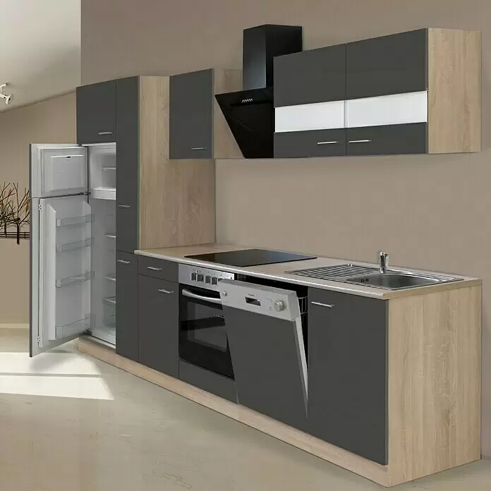 Respekta Composición de cocina Merle - Ancho: 310 cm, Gris, Con electrodomésticos, Volumen horno: 72 l - Cocina modular moderna en gris brillo y madera clara, con nevera abierta, vitrocerámica, horno, lavavajillas abierto y fregadero.