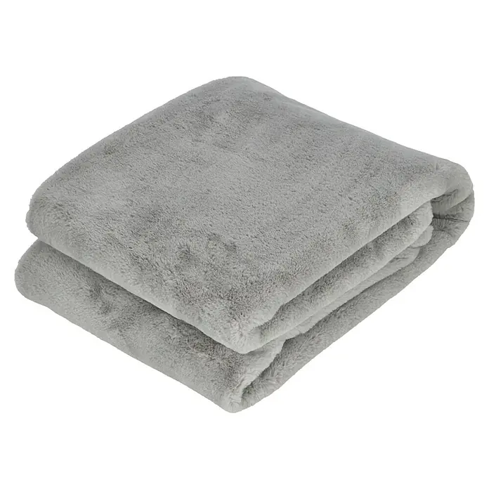 Decke Happy - Silber, 200 x 150 cm, 100 % Polyester - Ein gefaltetes, graues, flauschiges Kuscheldecke, das Wärme und Komfort verspricht. Ideal für gemütliche Stunden auf dem Sofa.