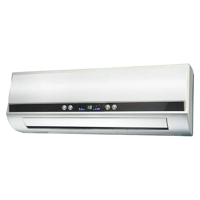 Voltomat HEATING Calefactor de pared - 1.000 W - 2.000 W, Habitaciones de hasta 20 m², Gris - Primer plano de un moderno aire acondicionado blanco con una pantalla digital que muestra 18 grados Celsius.