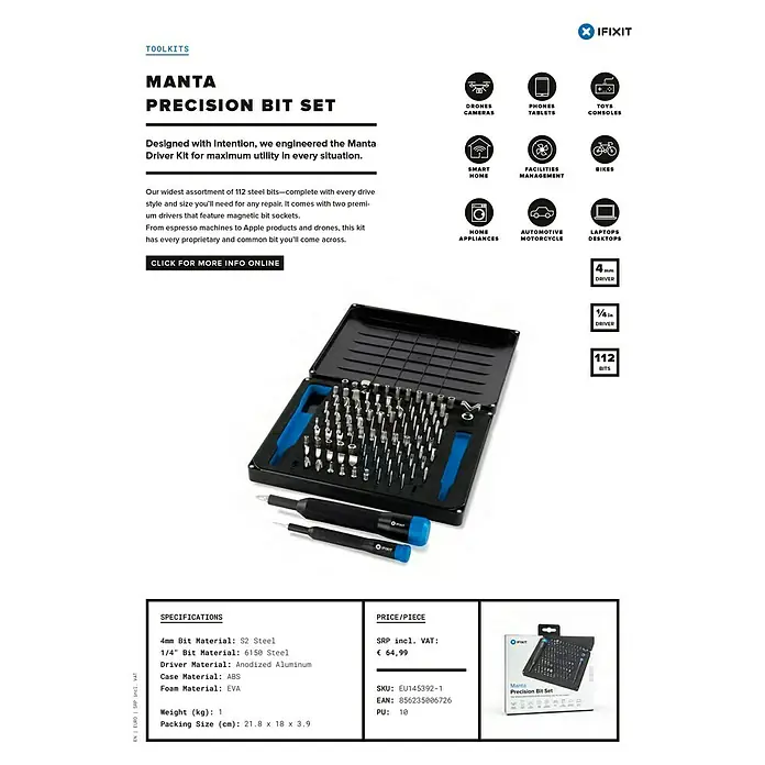 iFixit Bit-Set Manta Precision - Geeignet für: Smartphones - Manta Präzisions-Bit-Set von iFixit: Ein umfassendes Toolkit für Elektronikreparaturen, das eine Vielzahl von Bits und magnetische Treiber enthält.