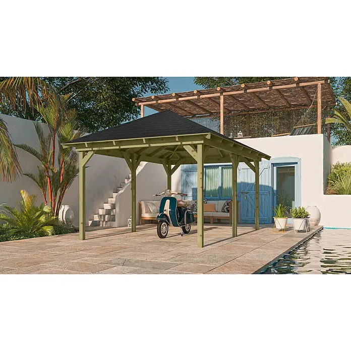 Karibu Pavillon Perida - 485 x 345 cm, Natur - Bild eines Pavillons im Garten mit einem Motorroller darunter. Das Design bietet Schatten und Schutz im Freien.