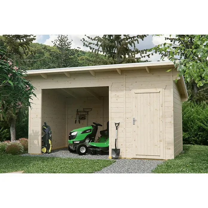 SKAN HOLZ Holzunterstand Knut - 250 x 430 x 249,5 cm, Natur - Ein Holzschuppen mit Rasenmäher, Hochdruckreiniger und Spaten. Der Schuppen bietet Stauraum für Gartengeräte und -maschinen.