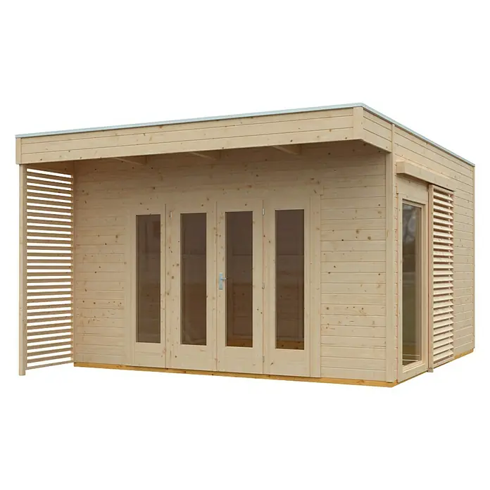 SKAN HOLZ Gartenhaus Tokio 4 - Außenmaß inkl. Dachüberstand (B x T): 402 x 502 cm, Holz, Natur, Einwandig - Stilvolles Gartenhaus mit großen Glastüren und seitlichen Lamellenfenstern. Ideal für Entspannung und als Gästehaus im Grünen.