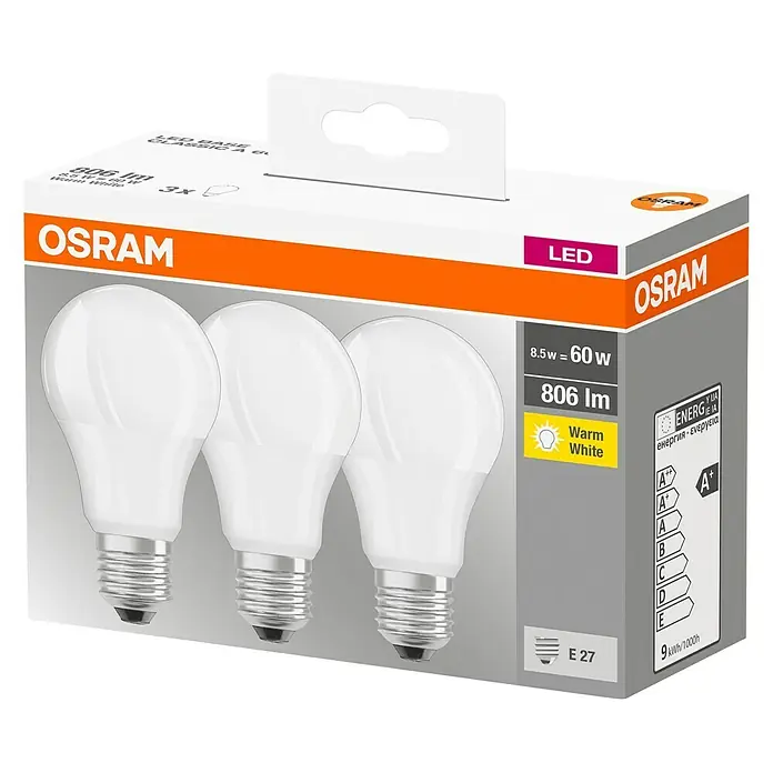 Osram Set de bombillas LED Classic A60 - E27, No regulable, Blanco cálido, 806 lm, 9 W, 3 ud. - Paquete de tres bombillas LED de Osram, 8,5W, 806 lúmenes, luz blanca cálida, clase de eficiencia energética A+.