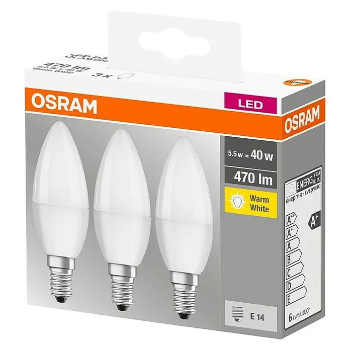 Osram LED-Lampen Set Kerzenform E14 matt - E14, Warmweiß, 470 lm, 5,3 W, 3 Stk. - Abbildung einer Packung Osram LED-Lampen mit E14-Sockel, 5,5 W, warmweiß und der Energieeffizienzklasse A+.