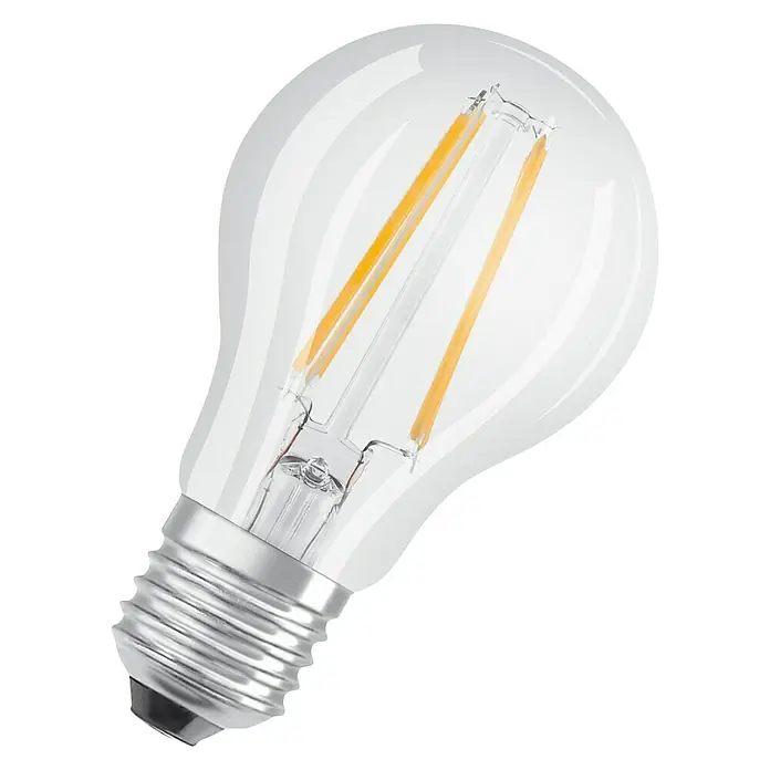 Osram Bombilla LED Retrofit Classic A - E27, No regulable, Blanco cálido, 806 lm, 6,5 W - Primer plano de una bombilla LED con vidrio transparente y filamentos visibles sobre un fondo negro.