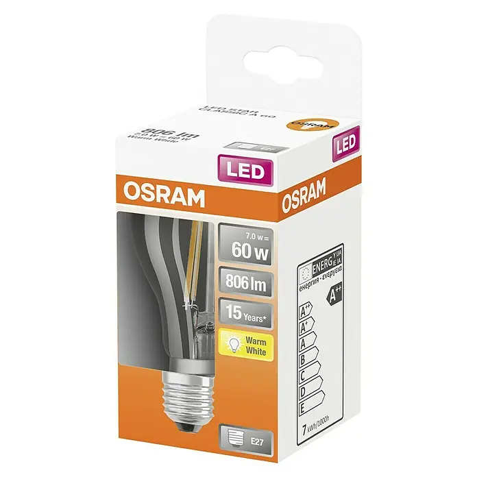 Osram Bombilla LED Retrofit Classic A - E27, No regulable, Blanco cálido, 806 lm, 6,5 W - Embalaje de una bombilla LED OSRAM de 7.0W, equivalente a 60W, 806 lúmenes, blanco cálido y una vida útil de 15 años.