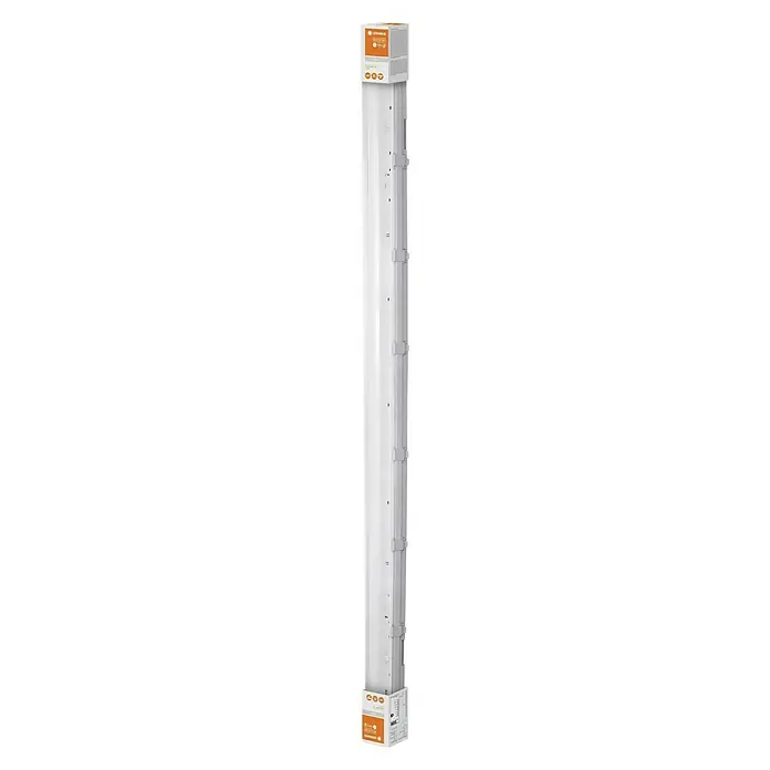 Ledvance LED-Feuchtraumlichtleiste SubmarineL x B x H: 156,5 x 7,2 x 8,6 cm, Lichtfarbe: Neutralweiß, 19 W, IP65 - Eine LED-Lichtleiste in Weiß mit orangen Details an den Enden, ideal für eine effiziente und moderne Beleuchtung.