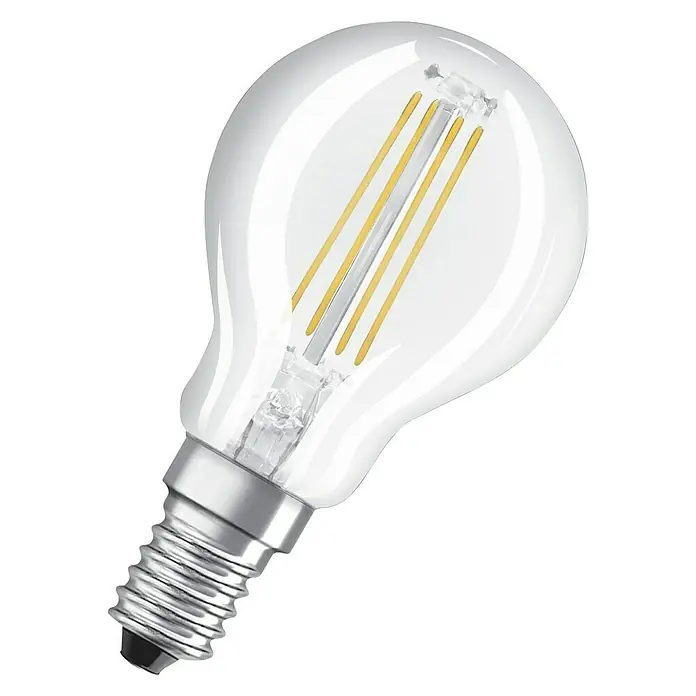 Osram Retrofit Bombilla LED Retrofit Classic P - E14, No regulable, Blanco cálido, 470 lm, 4 W, 1 ud. - Primer plano de una bombilla LED transparente con filamentos visibles y base plateada sobre un fondo negro.