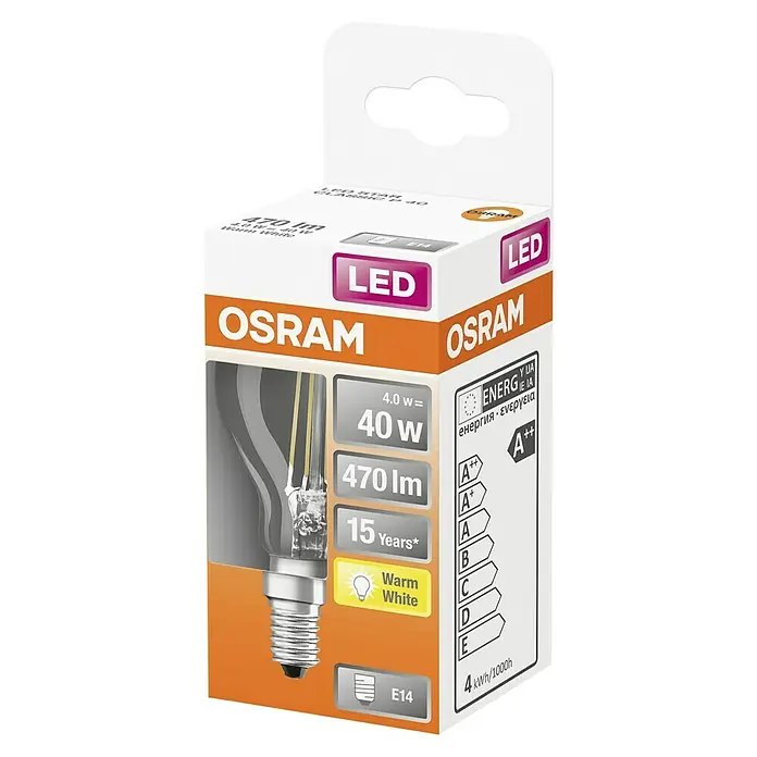 Osram Retrofit Bombilla LED Retrofit Classic P - E14, No regulable, Blanco cálido, 470 lm, 4 W, 1 ud. - La imagen muestra una bombilla LED OSRAM, que ofrece una solución de iluminación energéticamente eficiente y de larga duración.