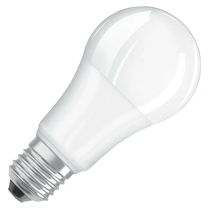 Osram Bombilla LED Superstar Classic A - E27, Intensidad regulable, Blanco cálido, 1.522 lm, 14,5 W - Bombilla LED blanca con base plateada sobre fondo negro. Solución de iluminación energéticamente eficiente.