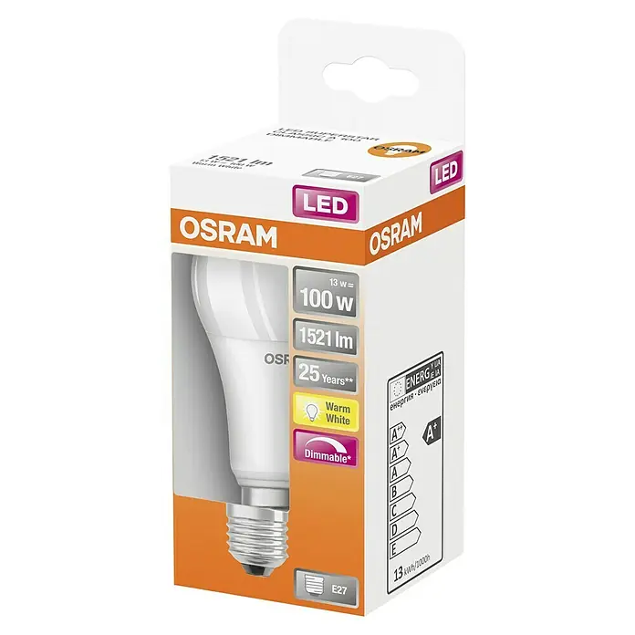 Osram Bombilla LED Superstar Classic A - E27, Intensidad regulable, Blanco cálido, 1.522 lm, 14,5 W - Imagen de una bombilla LED Osram regulable con base E27, que proporciona luz blanca cálida a 1521 lúmenes y una vida útil de 25 años.
