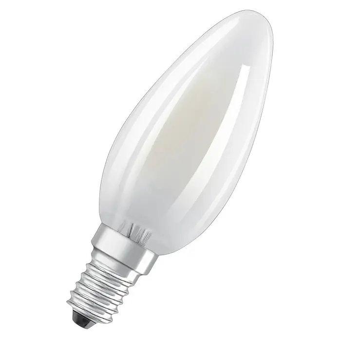 Osram Bombilla LED Retrofit Classic B - E14, No regulable, Blanco cálido, 250 lm, 3 W, Mate - Primer plano de una bombilla LED tipo vela de Osram con base E14 y acabado mate, que emite una luz suave y cálida.