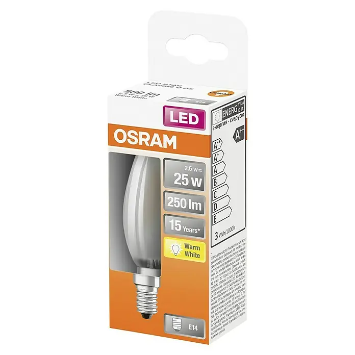Osram Bombilla LED Retrofit Classic B - E14, No regulable, Blanco cálido, 250 lm, 3 W, Mate - Primer plano del empaque de una bombilla LED E14 de OSRAM, que ofrece luz blanca cálida a 250 lúmenes y una vida útil de 15 años.