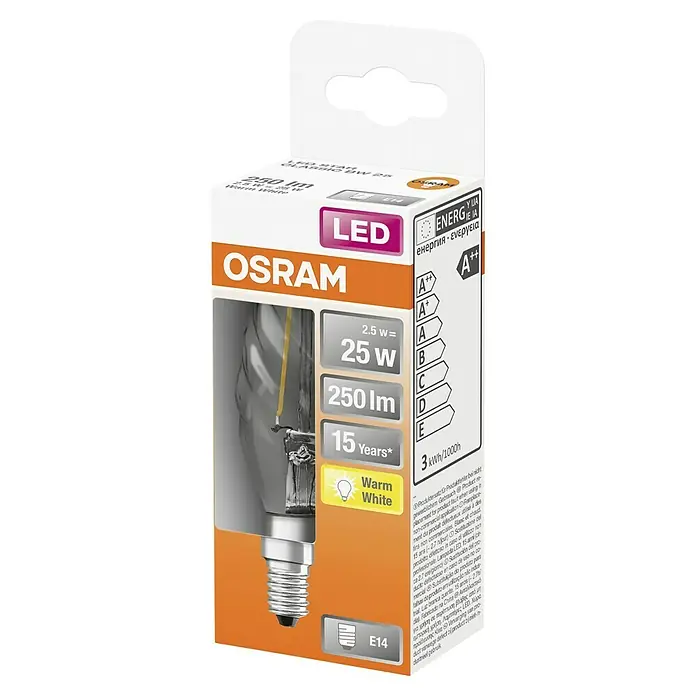 Osram Bombilla LED Retrofit Classic BW - E14, No regulable, Blanco cálido, 230 lm, 2 W - Detalle del embalaje de una bombilla OSRAM LED Star Classic BW 25 con base E14, 250 lúmenes y luz blanca cálida.