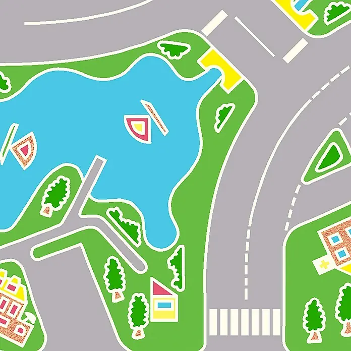 Tarkett Moqueta a metros Calles - Ancho: 2 m, Poliamida, Multicolor - Ilustración de un mapa de ciudad con lago, edificios, árboles y carreteras, ideal para juguetes o como elemento decorativo.