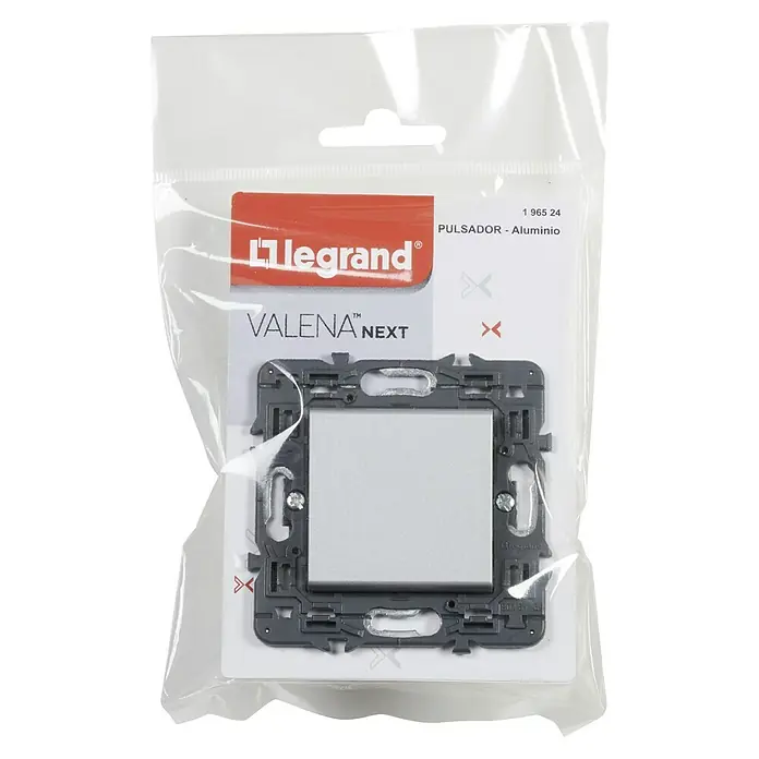 Legrand Valena Next Pulsador - Aluminio, Brillante, Montaje en la pared - Pulsador de aluminio Legrand Valena Next empaquetado, ideal para instalaciones eléctricas modernas.