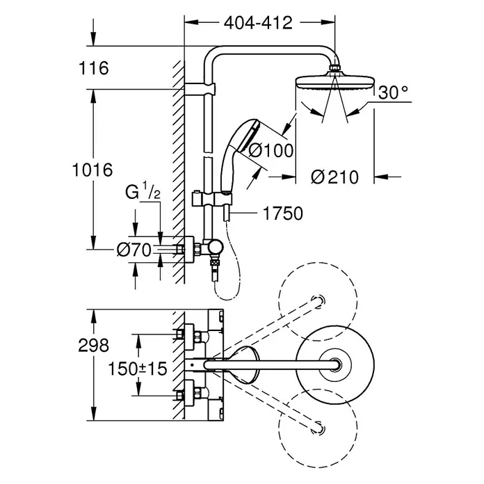 Grohe Sistema de ducha Vitalio Start 210 - Con grifo termostático, Número de tipos de chorro: 2 ud., Cromo/Negro - Medidas y detalles de la grifería de ducha con rociador y ducha de mano, incluyendo distancia a la pared y altura.