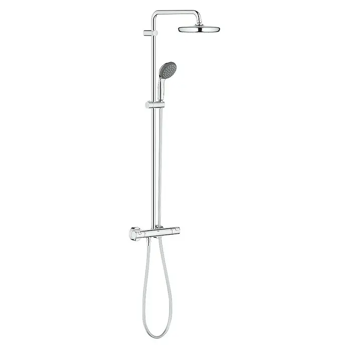 Grohe Sistema de ducha Vitalio Start 210 - Con grifo termostático, Número de tipos de chorro: 2 ud., Cromo/Negro - Imagen de un conjunto de ducha con rociador y ducha de mano, acabado cromado para un diseño de baño moderno.