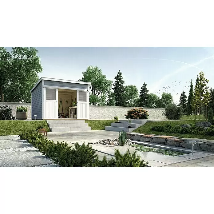 Weka Gartenhaus 225 - Außenmaß inkl. Dachüberstand (B x T): 315 x 335 cm, Holz, Grau/Weiß, 8,82 m² - Stimmungsaufnahme