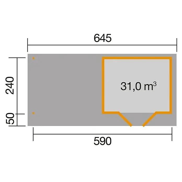 Weka Gartenhaus Designhaus 126 B + Anbau 300 cm - Außenmaß inkl. Dachüberstand (B x T): 645 x 316 cm, Holz, Anthrazit/Weiß - Abbildung eines Gebäudeplans mit den Maßen 645 x 240 und einem zusätzlichen Anbau, dessen Innenraumvolumen 31,0 m³ beträgt.