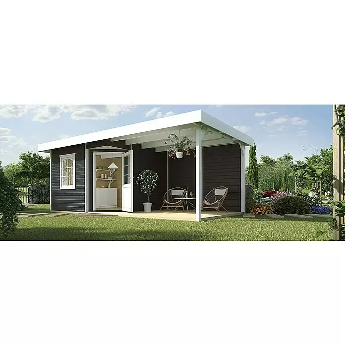 Weka Gartenhaus Designhaus 213 B+ - Außenmaß inkl. Dachüberstand (B x T): 585 x 279 cm, Holz, Anthrazit/Weiß, 12,685 m² - Stimmungsaufnahme