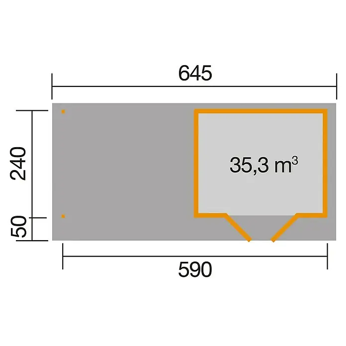 Weka Gartenhaus Designhaus 126 B+ - Außenmaß inkl. Dachüberstand (B x T): 645 x 316 cm, Holz, Natur, 14,219 m² - Die Abbildung zeigt einen Grundriss mit den Maßen 645 x 240 und einem separaten Bereich von 35,3 m³. Zusätzlich ist ein Anbau von 50 x 590 dargestellt.