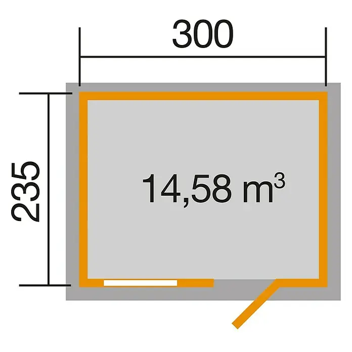 Weka Gartenhaus 123 - Außenmaß inkl. Dachüberstand (B x T): 380 x 274 cm, Holz, Natur, 7,074 m² - Illustration mit den Maßen 300 x 235 und dem Volumen 14,58 m³ für ein Produkt, dargestellt in einer technischen Zeichnung.