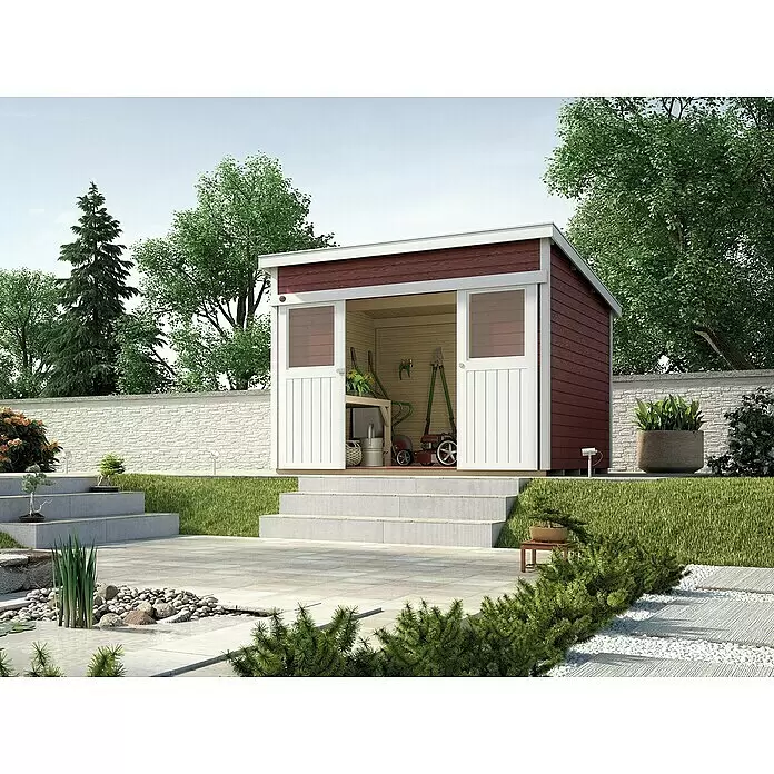 Weka Gartenhaus 225 - Außenmaß inkl. Dachüberstand (B x T): 315 x 335 cm, Holz, Schwedenrot/Weiß, 8,82 m² - Stimmungsaufnahme
