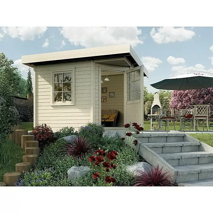 Weka Gartenhaus Designhaus 213+ - Außenmaß inkl. Dachüberstand (B x T): 338 x 338 cm, Holz, Natur, 8,88 m² - Stimmungsaufnahme