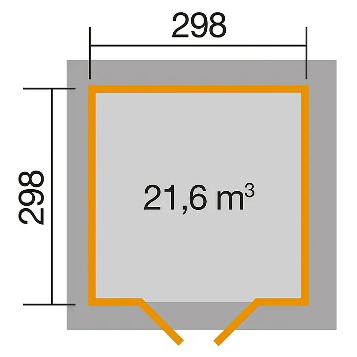 Weka Gartenhaus 177 - Außenmaß inkl. Dachüberstand (B x T): 380 x 380 cm, Holz, Natur - Grundrisszeichnung eines kleinen Hauses mit den Maßen 298 x 298 und einem Volumen von 21,6 m³.