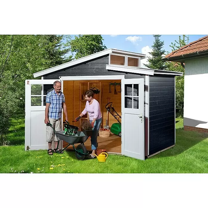 Weka Gartenhaus 226 - Außenmaß inkl. Dachüberstand (B x T): 327 x 231 cm, Holz, Anthrazit/Weiß, 6,165 m² - Stimmungsaufnahme